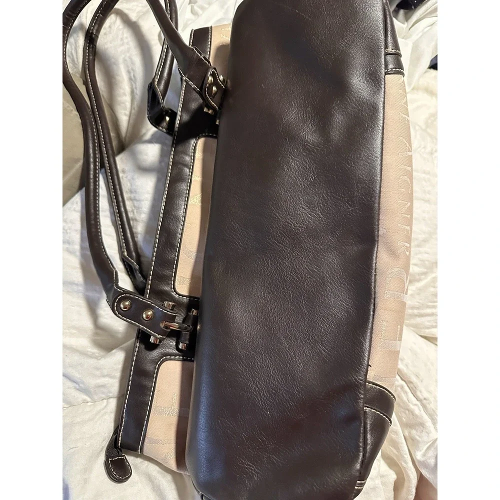 Etienne Aigner Large Satchel Handbag Beige Tote Shoulder Bag Leather Trim‎